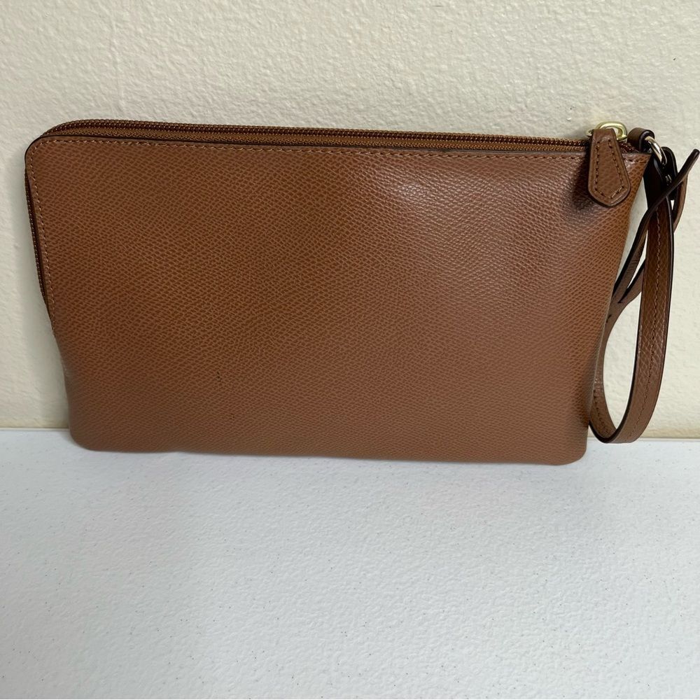 Coach Brown Pebbled Leathered Story Patch Logo Zip Pouch Wallet Bag Wristlet - Picture 2 of 15